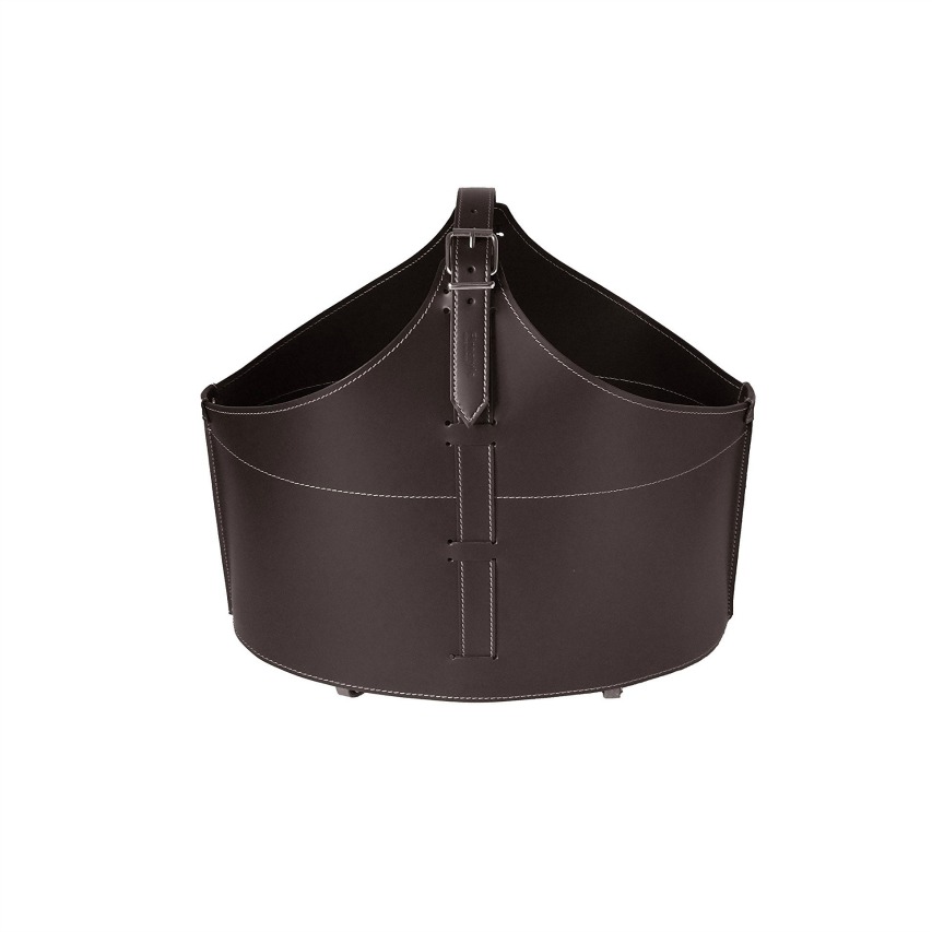 FABIA Bolso, cesta para leña o pellets, en cuero regenerado color Marròn oscuro, equipado con 4 ruedas de goma